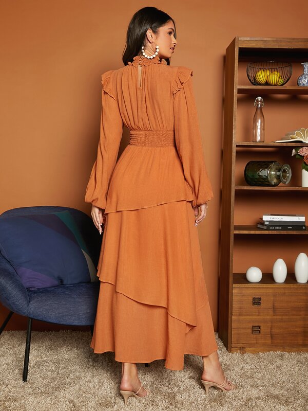 SHEIN Privé Frill Trim Lantern Sleeve Layered Hem Dress SHEIN USA