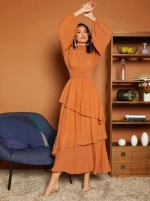 SHEIN Privé 褶邊燈籠袖多層下擺連衣裙 - 棕色 - 查看 4