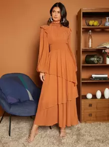 SHEIN Privé 褶邊燈籠袖多層下擺連衣裙 - 棕色 - 查看 1