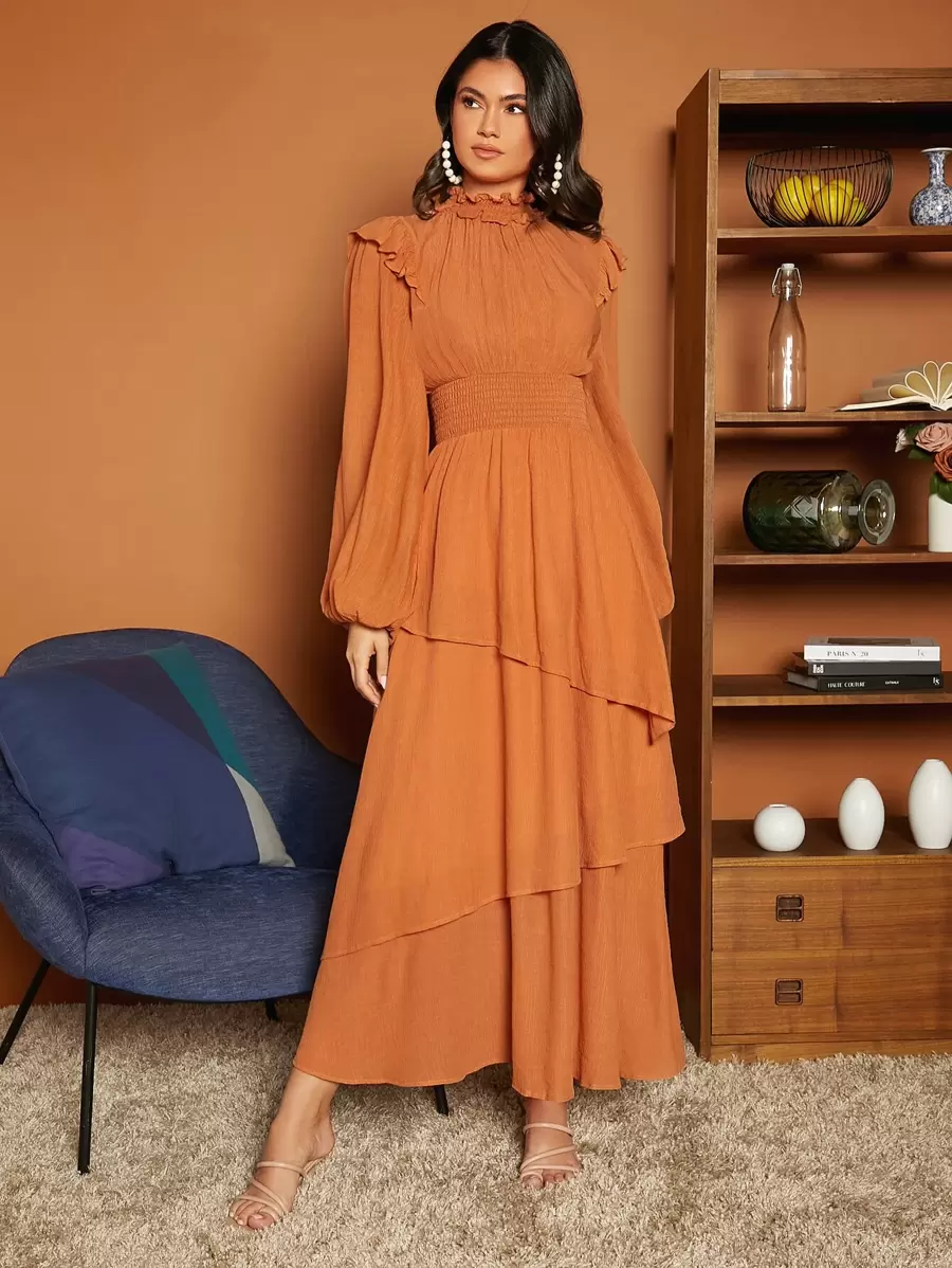 SHEIN Privé 褶邊燈籠袖多層下擺連衣裙 - 棕色 - 查看 1