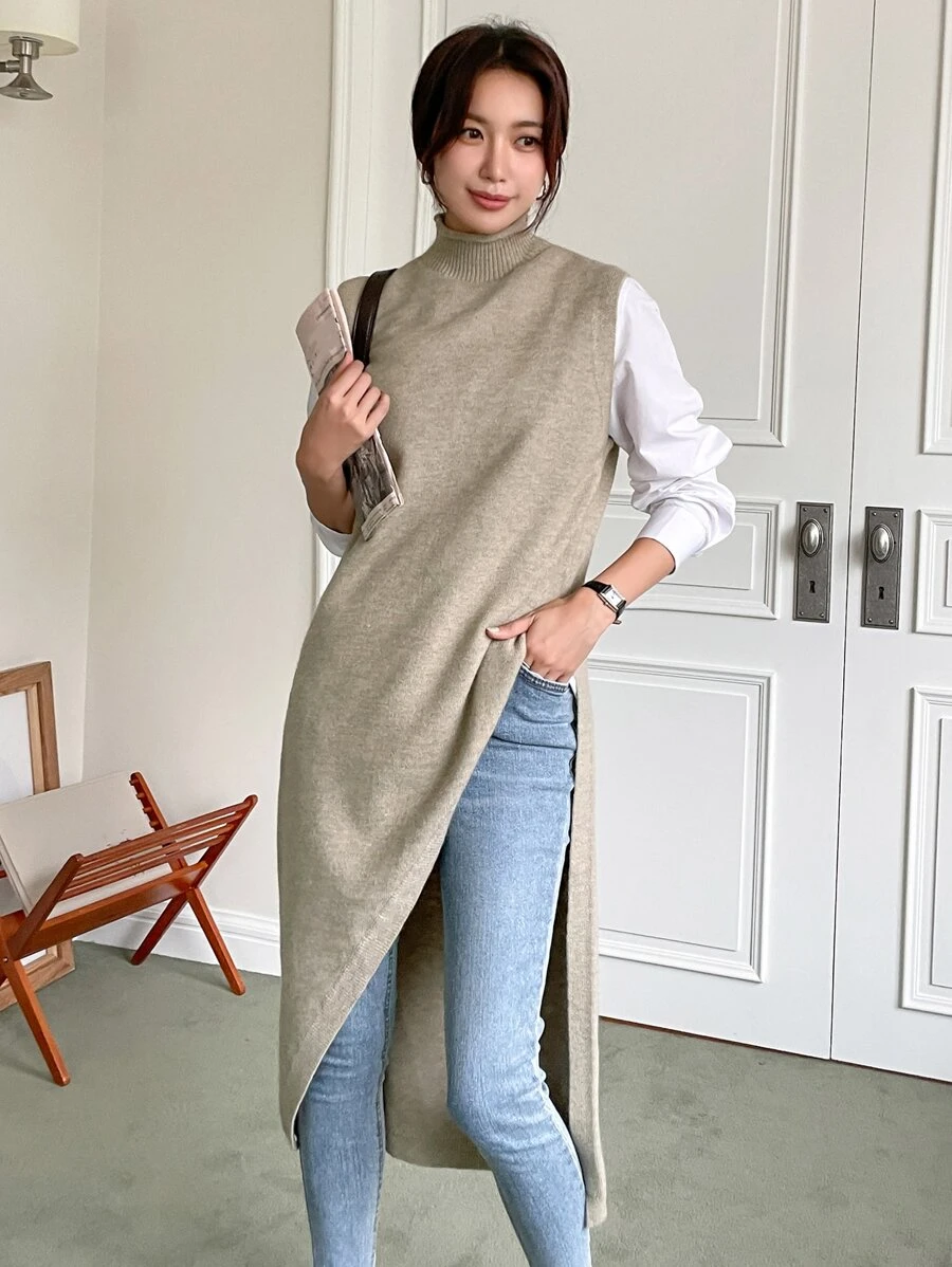 DAZY 1 Miếng Cổ giả Viền không đối xứng Áo len vest - Màu Khaki - Xem 1