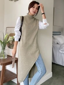 DAZY 1 Miếng Cổ giả Viền không đối xứng Áo len vest - Màu Khaki - Xem 3