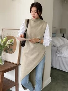 DAZY 1 Miếng Cổ giả Viền không đối xứng Áo len vest - Màu Khaki - Xem 5