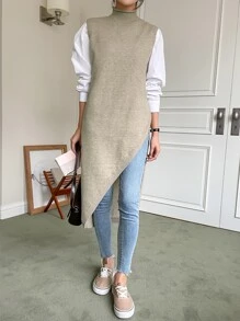 DAZY 1 Miếng Cổ giả Viền không đối xứng Áo len vest - Màu Khaki - Xem 6