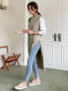 DAZY 1 Miếng Cổ giả Viền không đối xứng Áo len vest - Màu Khaki - Xem 7