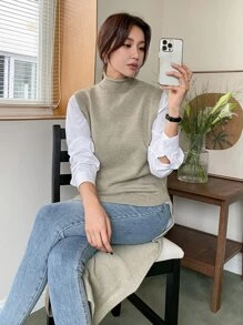 DAZY 1 Miếng Cổ giả Viền không đối xứng Áo len vest - Màu Khaki - Xem 8