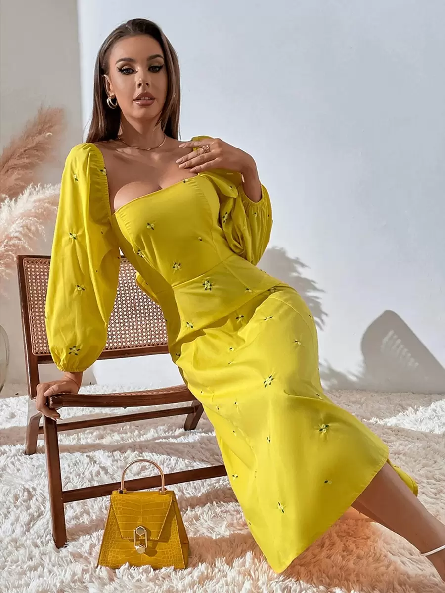 GENKIRA Floral Embroidery Square Neck Tie Back Puff Sleeve Dress - Yellow - View 1