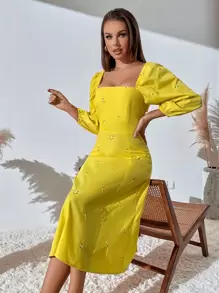 GENKIRA Floral Embroidery Square Neck Tie Back Puff Sleeve Dress - Yellow - View 5