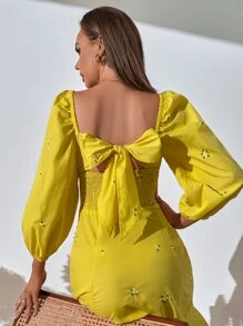 GENKIRA Floral Embroidery Square Neck Tie Back Puff Sleeve Dress - Yellow - View 6