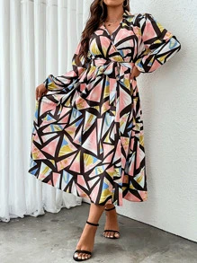 SHEIN Clasi Đầm Plus Size Thắt lưng Trọn gói Hình học Boho - Nhiều màu - Xem 5