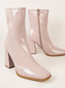 Simple Flare Heel Zip Up Fashion Booties - Pink - View 2