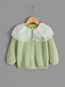 SHEIN Young Girl Contrast Mesh Ruffle Trim Cardigan - Green - View 1