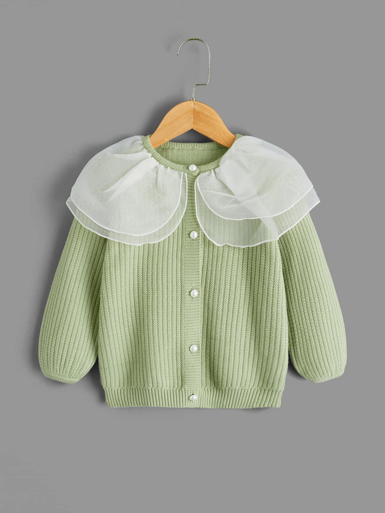 SHEIN Young Girl Contrast Mesh Ruffle Trim Cardigan - Green - View 1