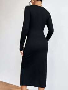 Firerie Vestido de cuello cuadrado de muslo con abertura - Negro - Ver 2