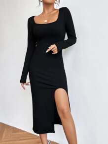 Firerie Vestido de cuello cuadrado de muslo con abertura - Negro - Ver 6