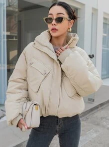 DAZY Drop Shoulder Flap Pocket Padded Coat - Beige - View 1