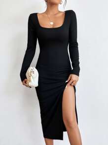 Firerie Vestido de cuello cuadrado de muslo con abertura - Negro - Ver 1