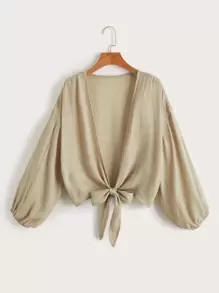 SHEIN Swim Summer Beach Plain Knot Kimono - Khaki - View 1