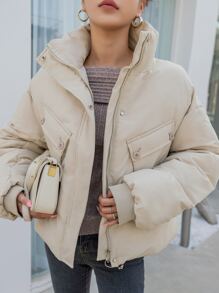 DAZY Drop Shoulder Flap Pocket Padded Coat - Beige - View 3