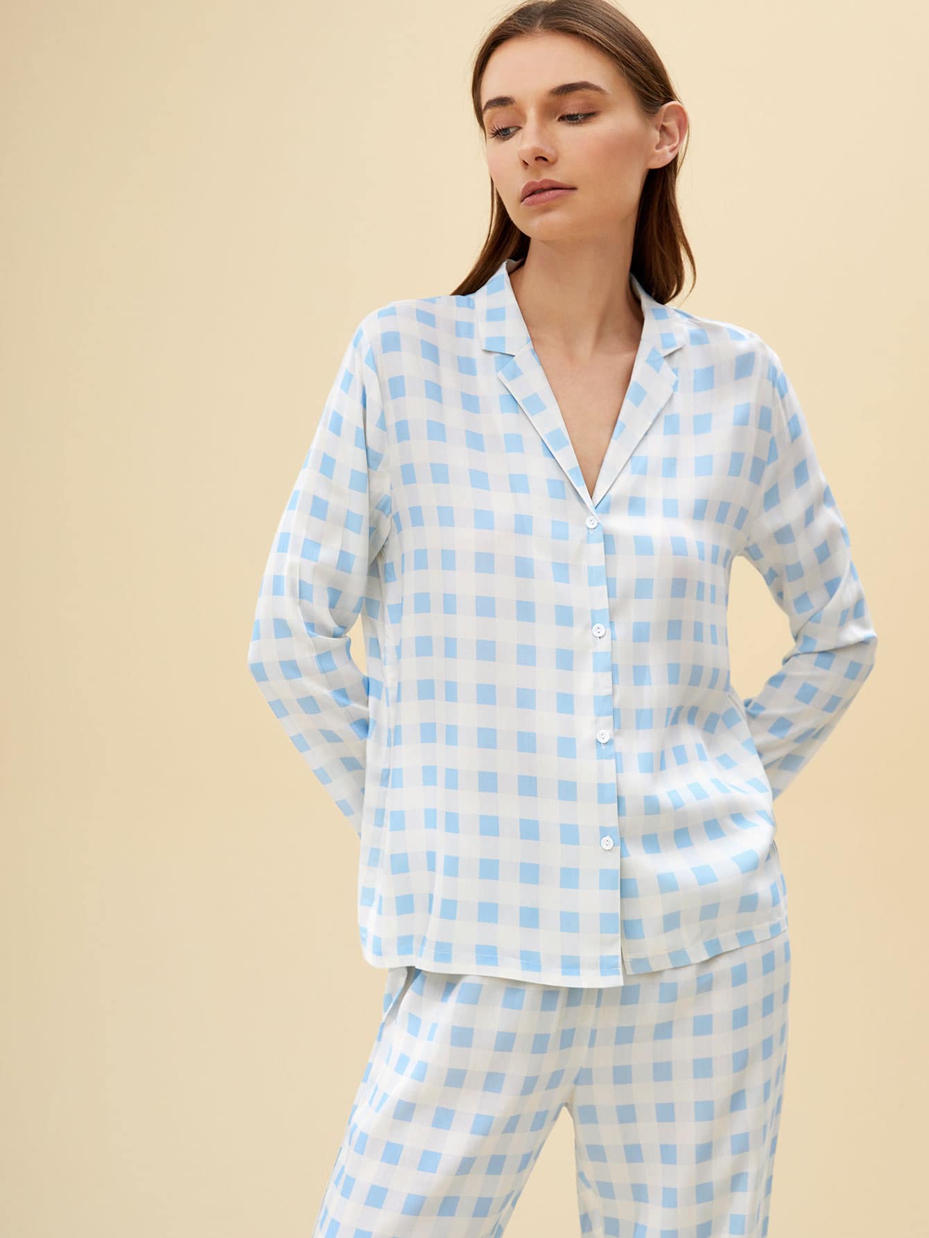 SHEIN Softness Breathable Lightweight Plaid Print Button Front Sleep Blouse