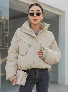 DAZY Drop Shoulder Flap Pocket Padded Coat - Beige - View 4