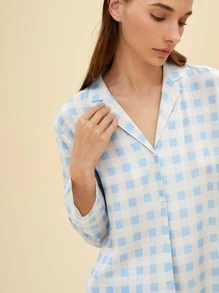 SHEIN Softness Breathable Lightweight Plaid Print Button Front Sleep Blouse