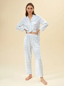 SHEIN Softness Breathable Lightweight Plaid Print Button Front Sleep Blouse