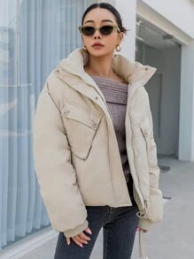 DAZY Drop Shoulder Flap Pocket Padded Coat - Beige - View 5