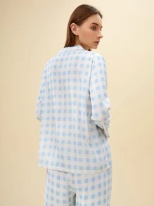SHEIN Softness Breathable Lightweight Plaid Print Button Front Sleep Blouse