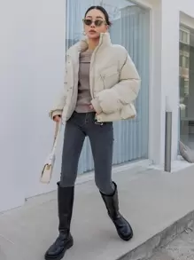DAZY Drop Shoulder Flap Pocket Padded Coat - Beige - View 6