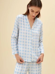 SHEIN Softness Breathable Lightweight Plaid Print Button Front Sleep Blouse