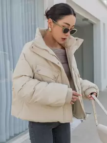 DAZY Drop Shoulder Flap Pocket Padded Coat - Beige - View 7