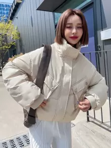 DAZY Drop Shoulder Flap Pocket Padded Coat - Beige - View 8
