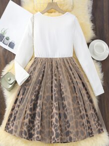 Girls Slogan & Leopard Print Mesh Overlay Dress - Multicolor - View 2