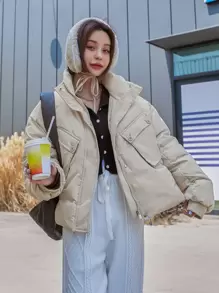 DAZY Drop Shoulder Flap Pocket Padded Coat - Beige - View 10