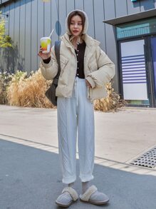 DAZY Drop Shoulder Flap Pocket Padded Coat - Beige - View 11