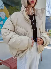 DAZY Drop Shoulder Flap Pocket Padded Coat - Beige - View 13