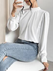 SHEIN Privé 素色小高領襯衫 - 白色 - 查看 3