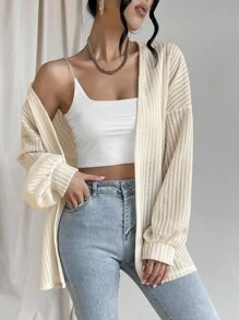 SHEIN Essnce Solid Bishop Sleeve Open Front Coat In Fall/Winter - Beige - View 3