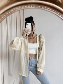 SHEIN Essnce Solid Bishop Sleeve Open Front Coat In Fall/Winter - Beige - View 4