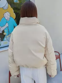 DAZY Drop Shoulder Flap Pocket Padded Coat - Beige - View 14