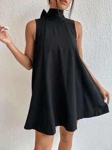 SHEIN Privé Tie Back High Neck A Line Dress - Black - View 4