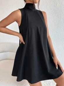 SHEIN Privé Tie Back High Neck A Line Dress - Black - View 3