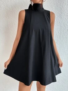 SHEIN Privé Tie Back High Neck A Line Dress - Black - View 2