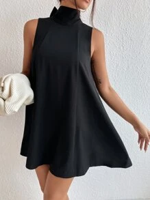 SHEIN Privé Tie Back High Neck A Line Dress - Black - View 5