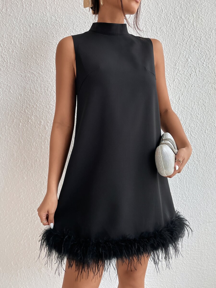 Shein priv stand neck fuzzy trim dress ladies party contrast fluffy