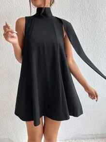 SHEIN Privé Tie Back High Neck A Line Dress - Black - View 6