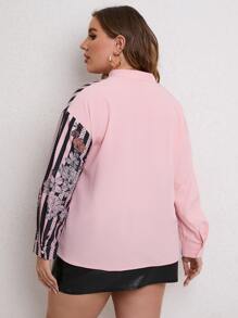 SHEIN LUNE Plus Vertical Striped & Floral Print Drop Shoulder Popover Shirt - Multicolor - View 2