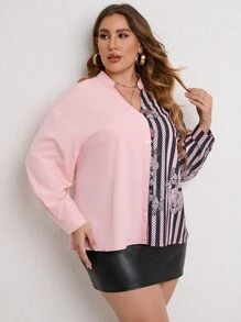 SHEIN LUNE Plus Vertical Striped & Floral Print Drop Shoulder Popover Shirt - Multicolor - View 3