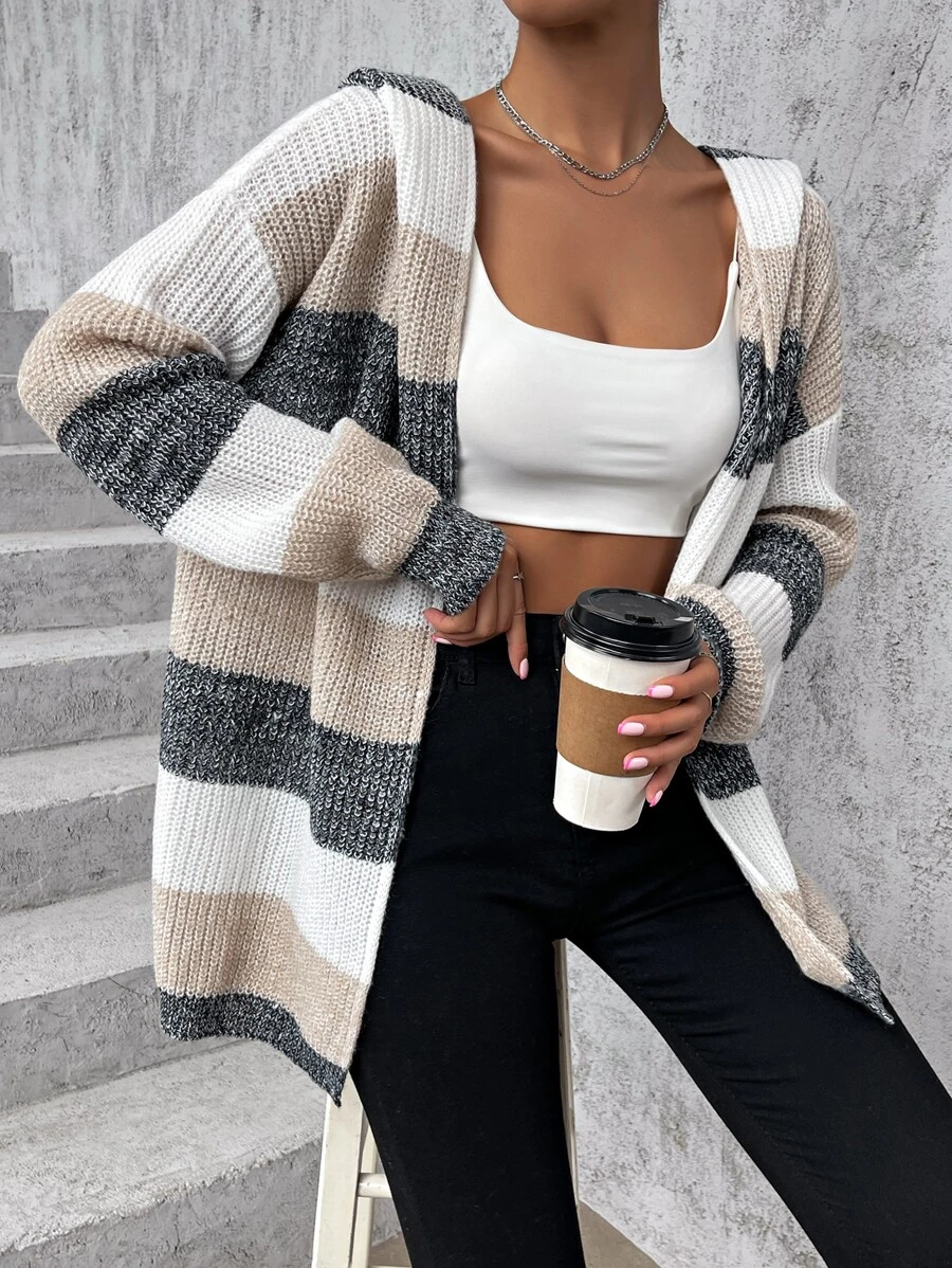 SHEIN Essnce 撞色落肩袖連帽開襟開衫 - 彩色 - 查看 1